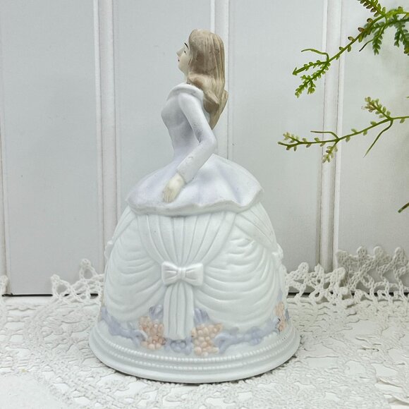 Victorian Ceramic Dinner Bell Woman Figurine Hat Bow Dress Floral Cabinet Piece - Picture 6 of 10
